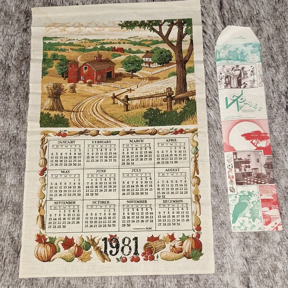 📅 1981 fabric dish cloth towel wall hanging calendar with original envelope